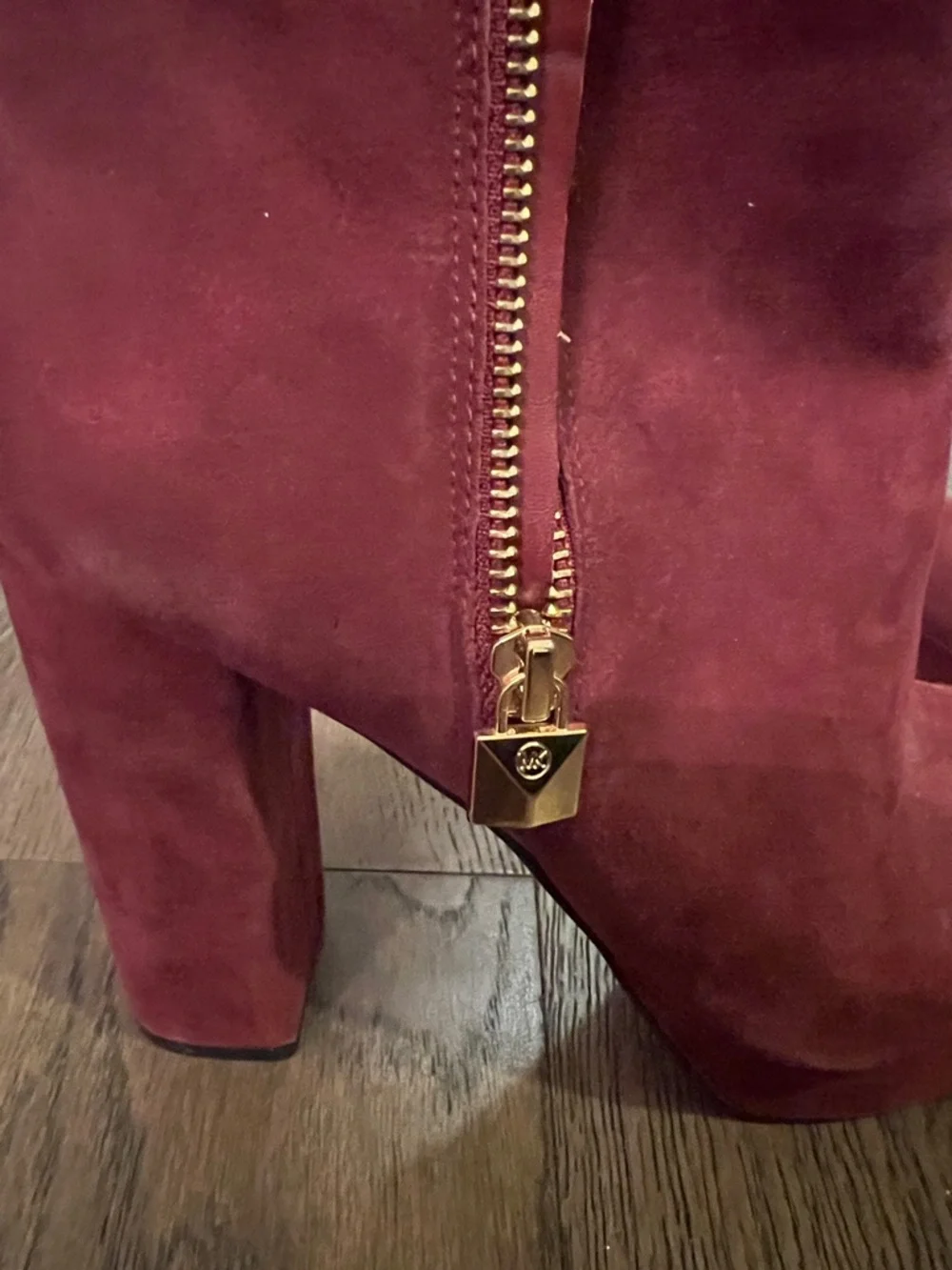 Michael Kors Burgundy Suede Platform Ankle Boots with Gold Zip Charm - Picture 2 of 3